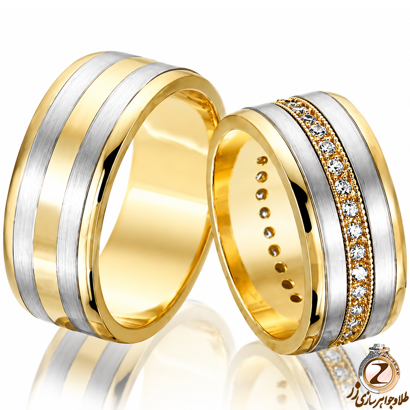ست حلقه ازدواج طلا سفید و زرد با نگین الماس تراش برلیان مدل: srd1200