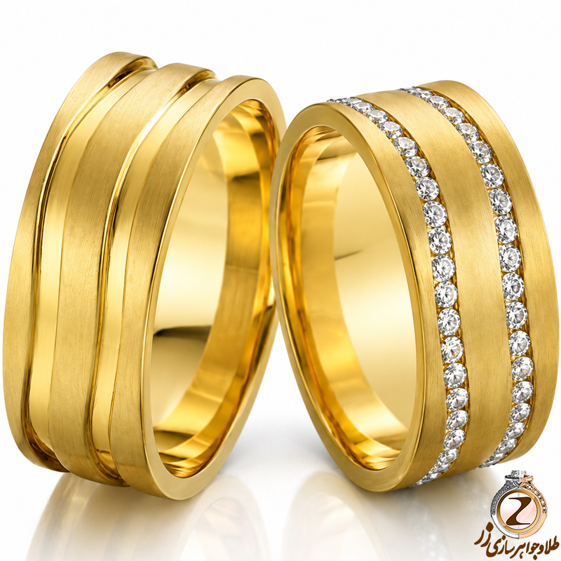 ست حلقه ازدواج طلا زرد با نگین الماس تراش برلیان مدل: srd1203
