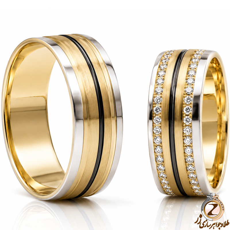 حلقه ست ازدواج طلا با نگین الماس تراش برلیان مدل: srd1215