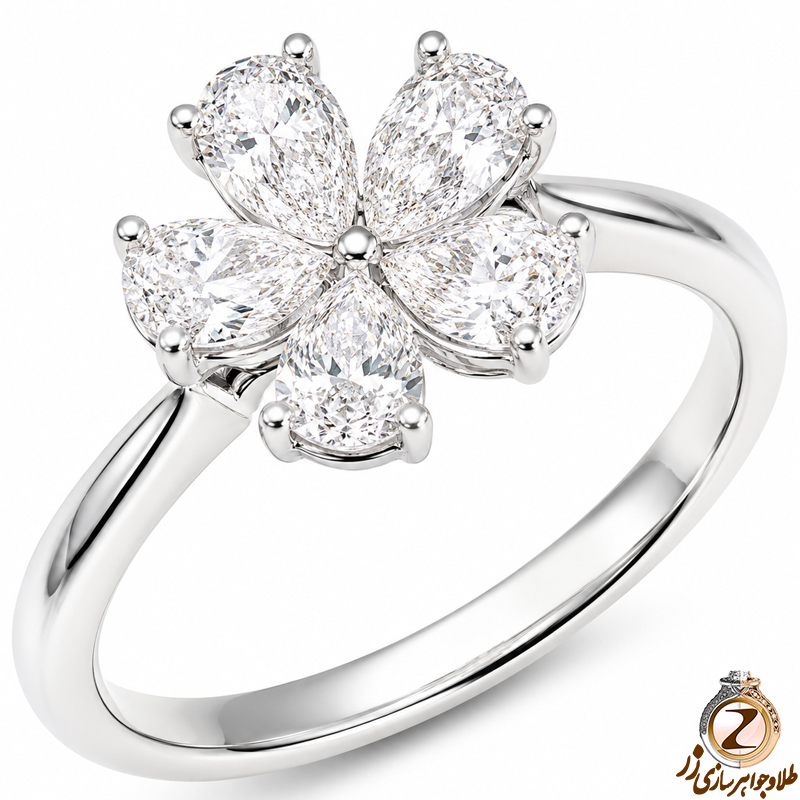 حلقه فلاور (flower) جواهر با نگین الماس تراش اشک 