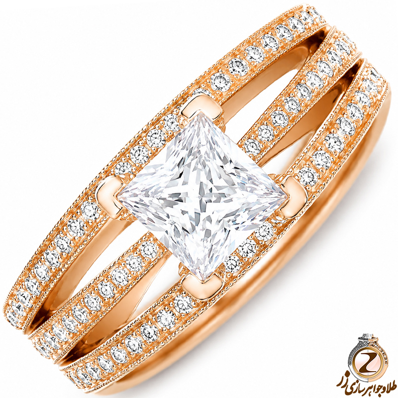 حلقه طلای زنانه با نگین تخمه الماس پرنس و برلیان دیواره مدل: RDF1094