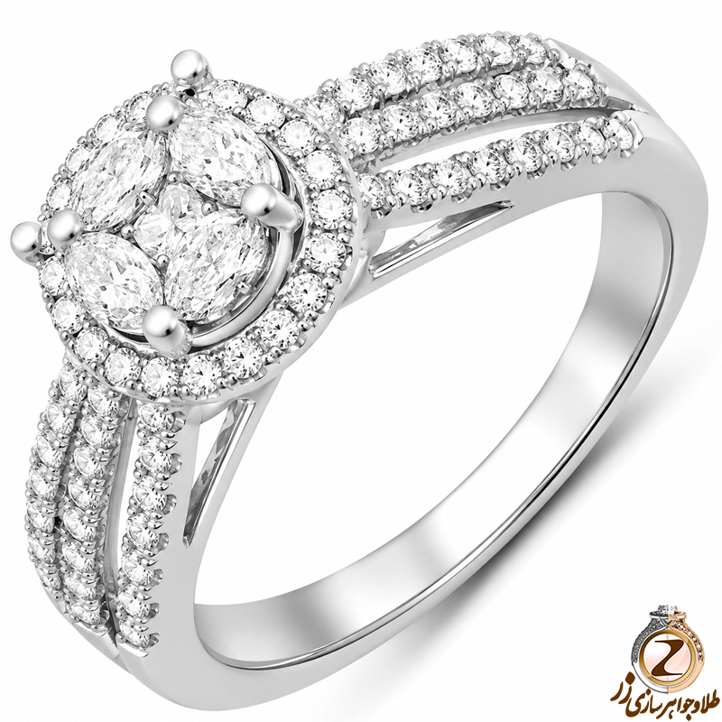 حلقه فلاور (flower) جواهر با نگین الماس تراش برلیان، پرنس و مارکیز 