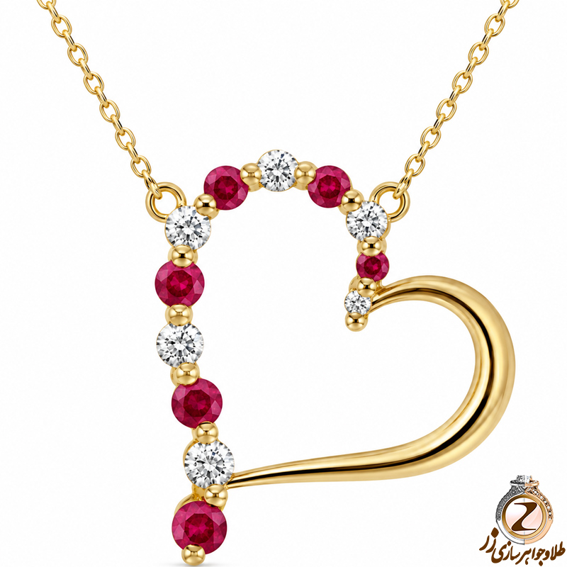 آویز طلای زرد با نگین الماس و یاقوت قرمز طرح قلب مینیمال 