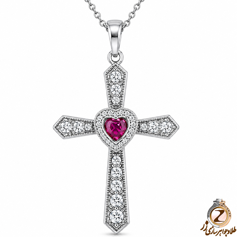 جدیدترین مدل آویز صلیب زنانه طلا سفید با نگین یاقوت سرخ و برلیان
