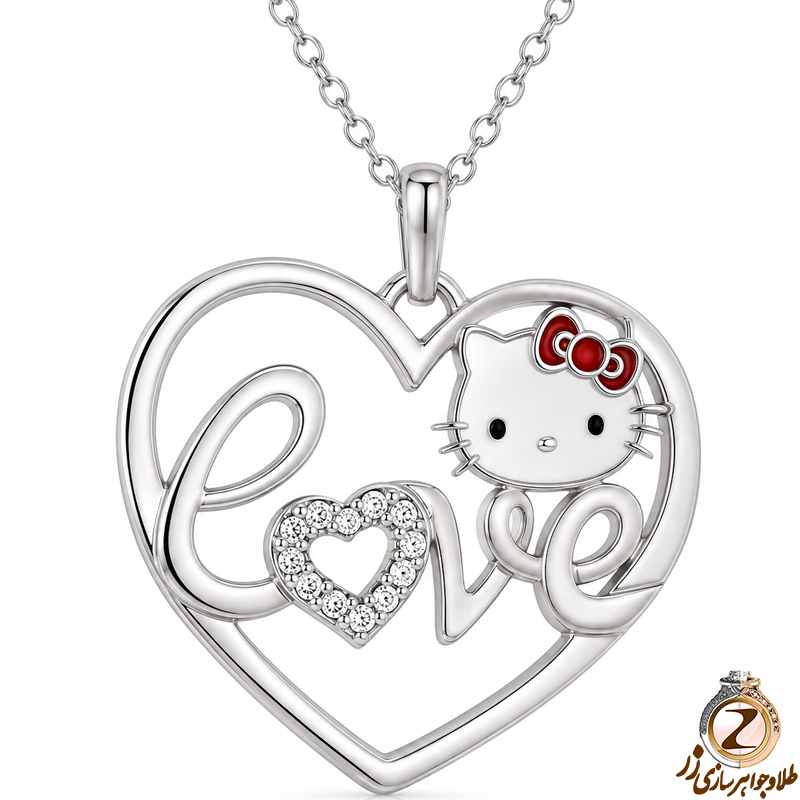 مدل پلاک دخترانه کیتی با نگین الماس تراش برلیان طرح قلب و Love 