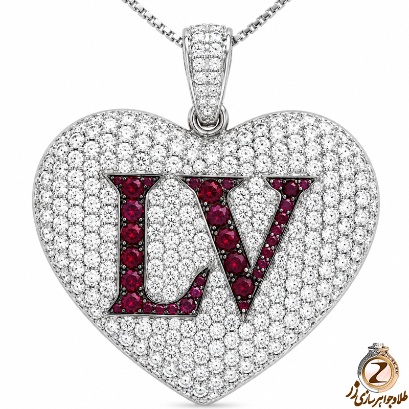 آویز طرح قلب طلا سفید زنانه با نگین یاقوت قرمز و برلیان طرح LV 