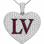 آویز طرح قلب طلا سفید زنانه با نگین یاقوت قرمز و برلیان طرح LV مدل npdf13255