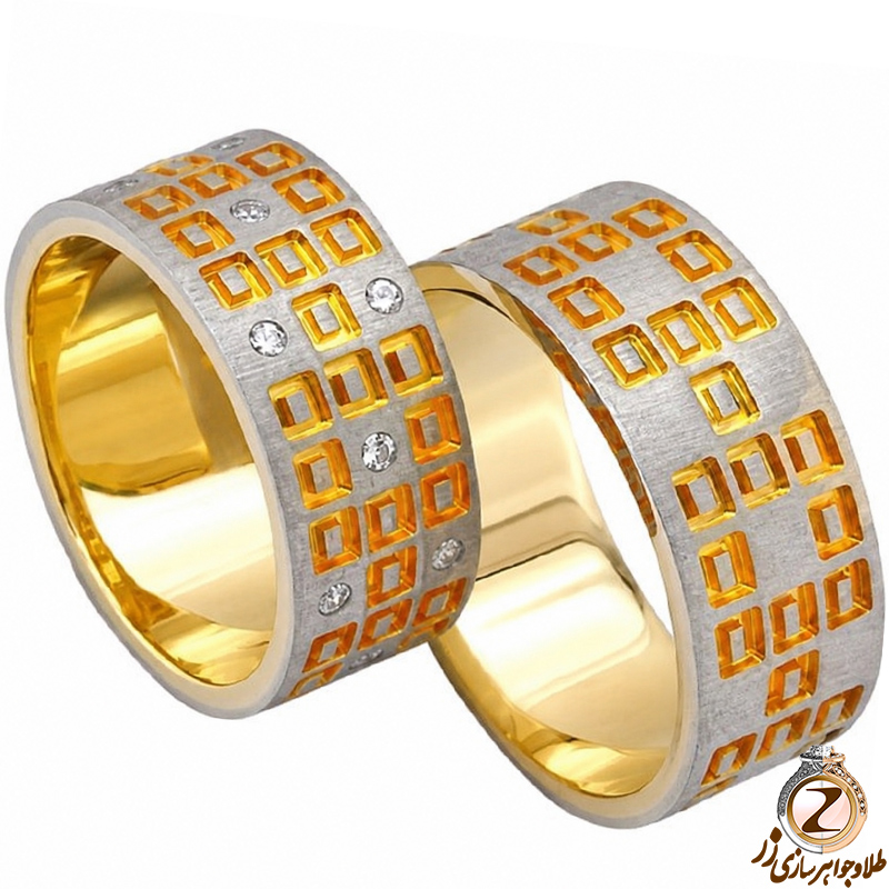 ست حلقه ازدواج طلا سفید و زرد با نگین الماس تراش برلیان مدل: srd1060