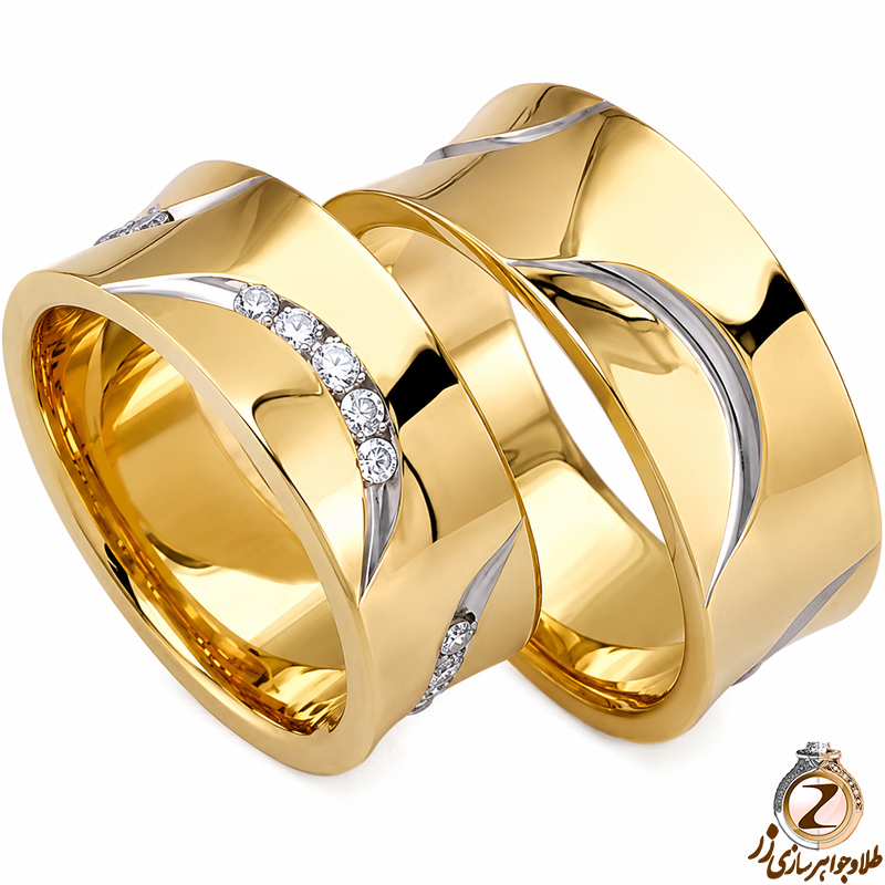 ست حلقه جدید ازدواج طلا زرد با نگین الماس تراش برلیان مدل: srd1085