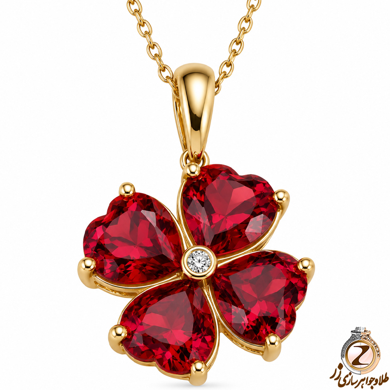 آویز چهار قلب گل شکل طلا و جواهر با نگین گارنت و برلیان