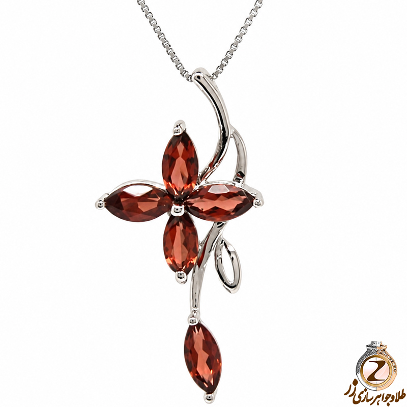 خرید اینترنتی آویز فلاور (flower) زنانه با نگین گارنت با طلای سفید 18 عیار 