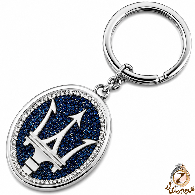 جاسوئیچی طلا و جواهر با نگین برلیان و یاقوت کبود طرح مازاراتی (Maserati)