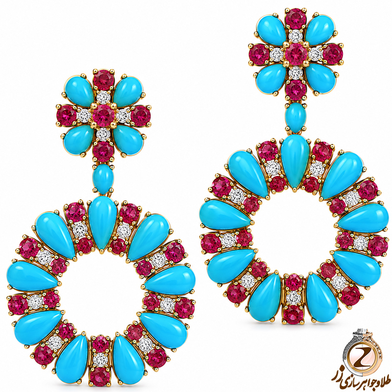 گوشواره فیروزه,گوشواره الماس,گوشواره یاقوت قرمز