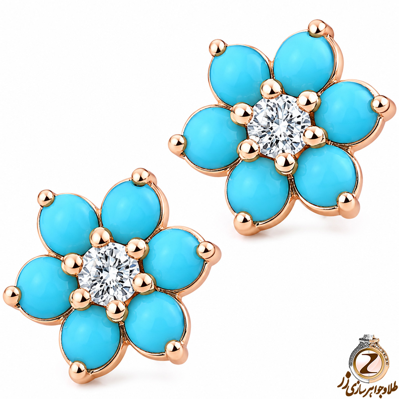 گوشواره طلا میخی,گوشواره فیروزه طلا,گوشواره فیروزه ای طلا