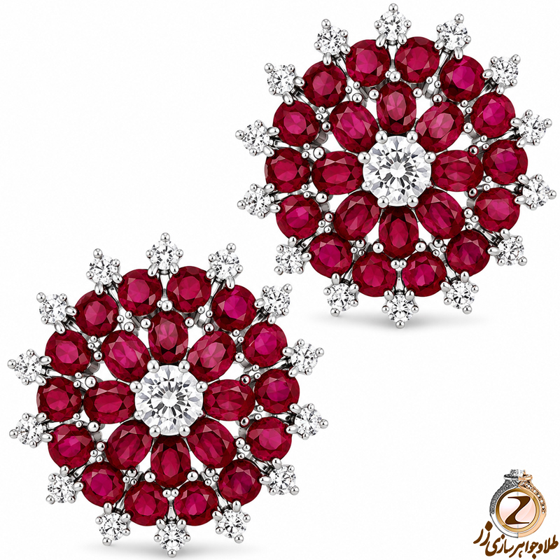 گوشواره طرح گل طلا زنانه یاقوت قرمز و برلیان جذاب و زیبا 