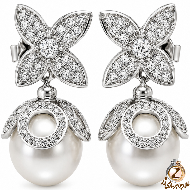 گوشواره مروارید طرح گل طلا 