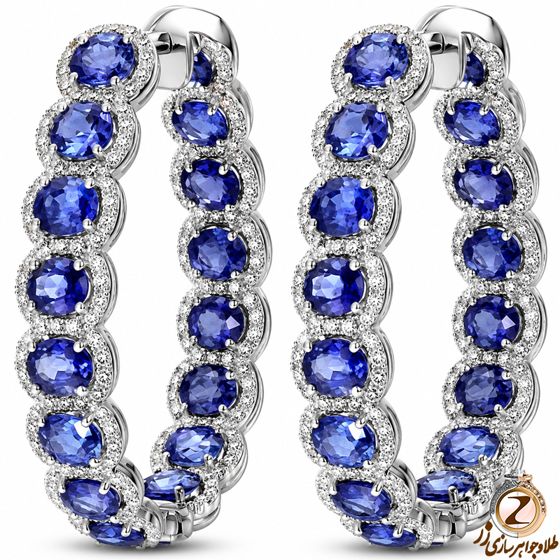 قیمت خرید گوشواره حلقه ای طلا سفید زنانه جدید جواهر یاقوت کبود و الماس تراش برلیان طرح لاکچری - سایت زر