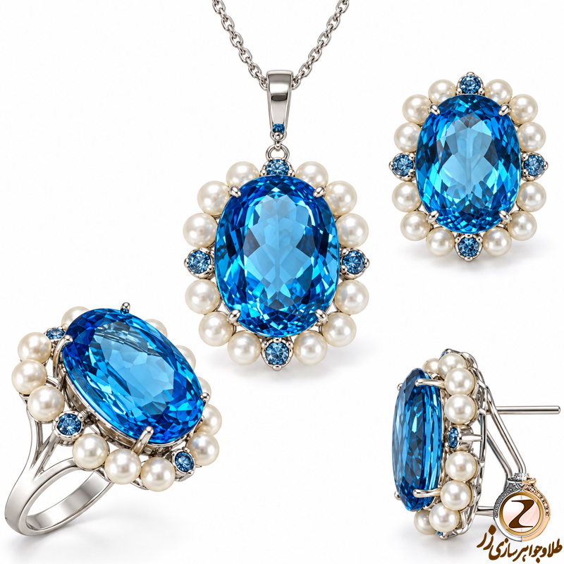 نیم ست توپاز و مروارید با طلای سفید مدل: hsdf1206