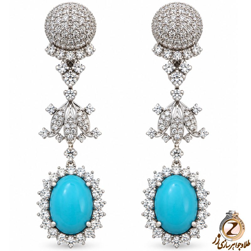 گوشواره طلا سفید با نگین فیروزه و برلیان مدل: edf1172