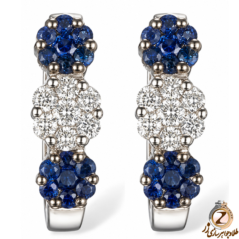گوشواره جواهر یاقوت کبود و الماس تراش برلیان طرح فلاور (flower) مدل: edf1247