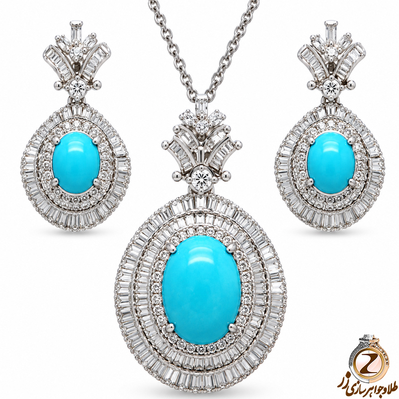نیم ست آویز و گوشواره فیروزه و الماس تراش باگت و برلیان مدل: hsdf1282
